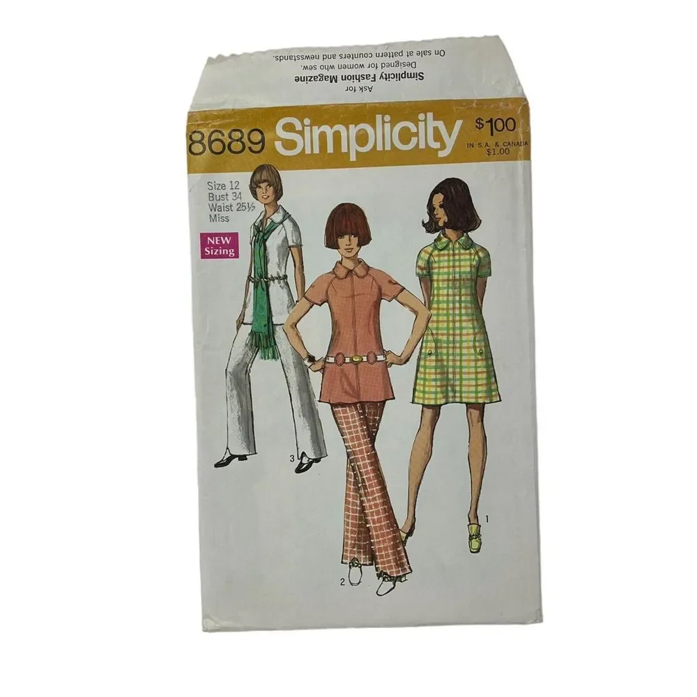 Vintage Simplicity Pattern 8689 Dress Tunic Shaped Leg Pants Size 12 circa 1970s